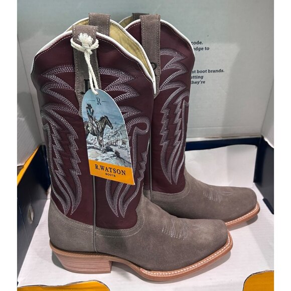 R. Watson Womens Cowboy Boots 9.5B Charcoal Roughout Dark Cherry Cowhide NEW - Picture 1 of 8